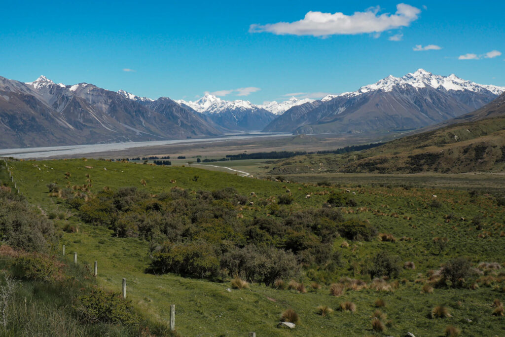"View of the Rangitata Valley out to Mt Sunday, Southern Alps from lookout"