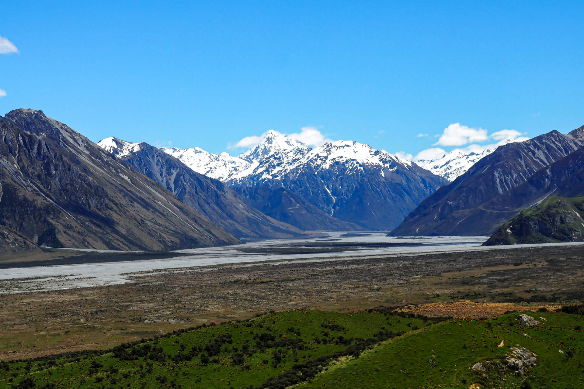 "View out across the Rangitata River to Southern Alps"